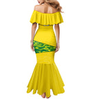 Personalized Socceroos Mascot Family Matching Mermaid Dress and Hawaiian Shirt Australian Football Player Dynamic Green Yellow Sports Art