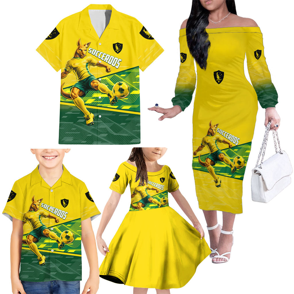 Personalized Socceroos Mascot Family Matching Off The Shoulder Long Sleeve Dress and Hawaiian Shirt Australian Football Player Dynamic Green Yellow Sports Art