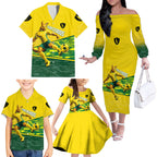 Personalized Socceroos Mascot Family Matching Off The Shoulder Long Sleeve Dress and Hawaiian Shirt Australian Football Player Dynamic Green Yellow Sports Art