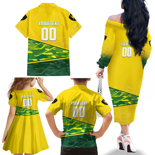 Personalized Socceroos Mascot Family Matching Off The Shoulder Long Sleeve Dress and Hawaiian Shirt Australian Football Player Dynamic Green Yellow Sports Art