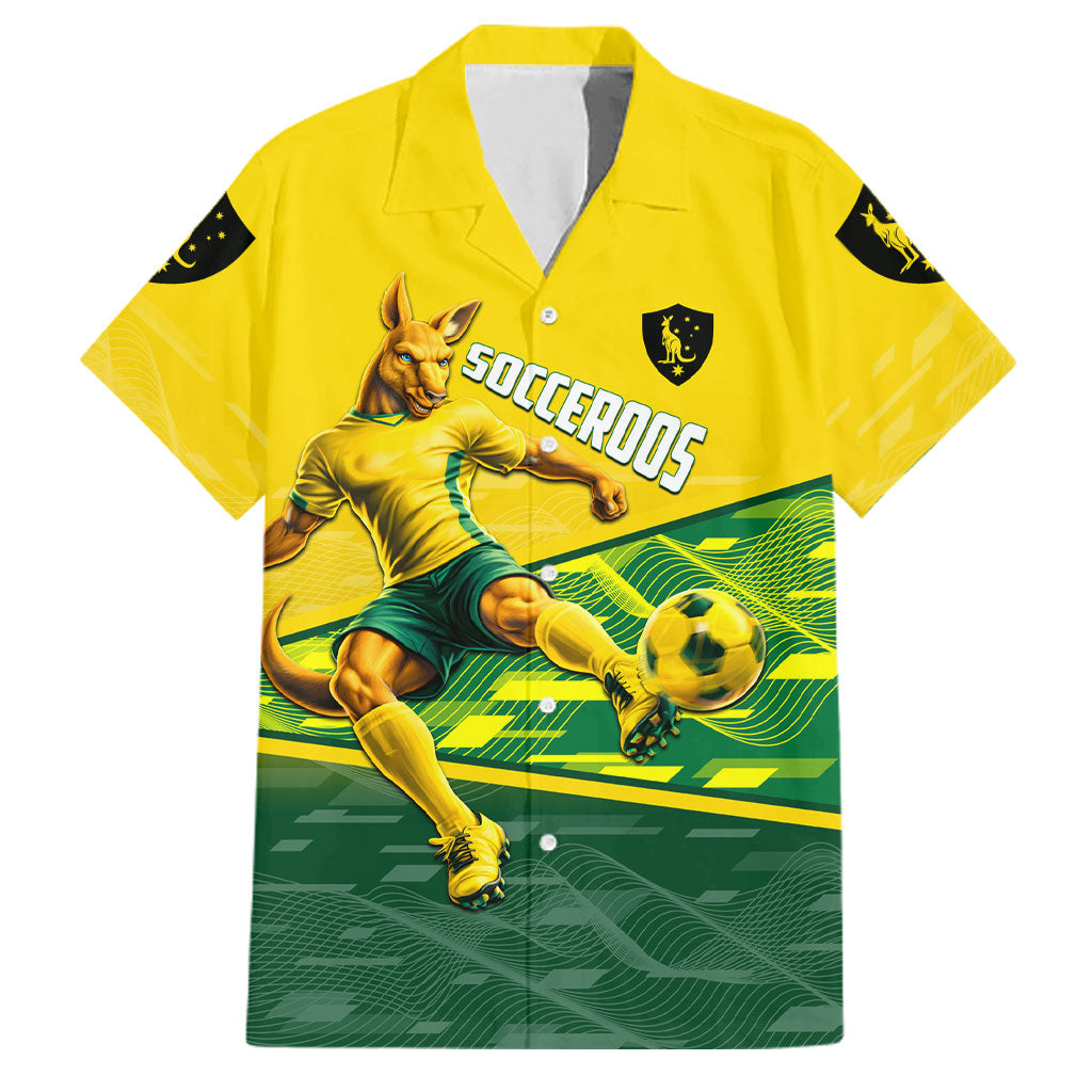 Personalized Socceroos Mascot Family Matching Off The Shoulder Long Sleeve Dress and Hawaiian Shirt Australian Football Player Dynamic Green Yellow Sports Art