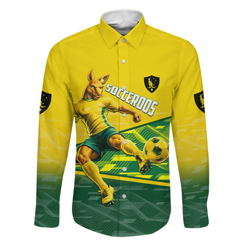 Personalized Socceroos Mascot Family Matching Off The Shoulder Long Sleeve Dress and Hawaiian Shirt Australian Football Player Dynamic Green Yellow Sports Art