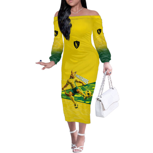 Personalized Socceroos Mascot Family Matching Off The Shoulder Long Sleeve Dress and Hawaiian Shirt Australian Football Player Dynamic Green Yellow Sports Art