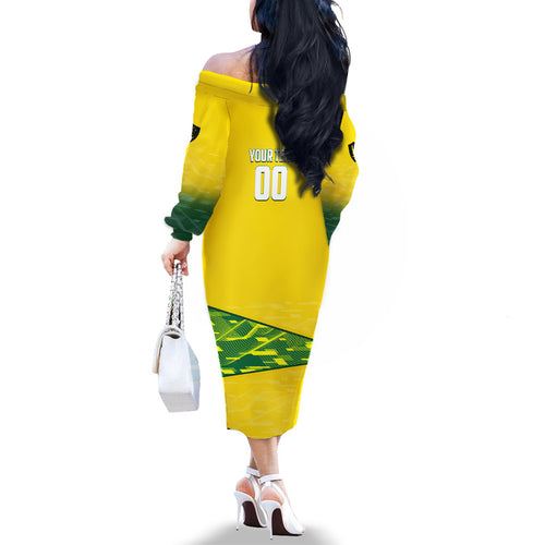 Personalized Socceroos Mascot Family Matching Off The Shoulder Long Sleeve Dress and Hawaiian Shirt Australian Football Player Dynamic Green Yellow Sports Art