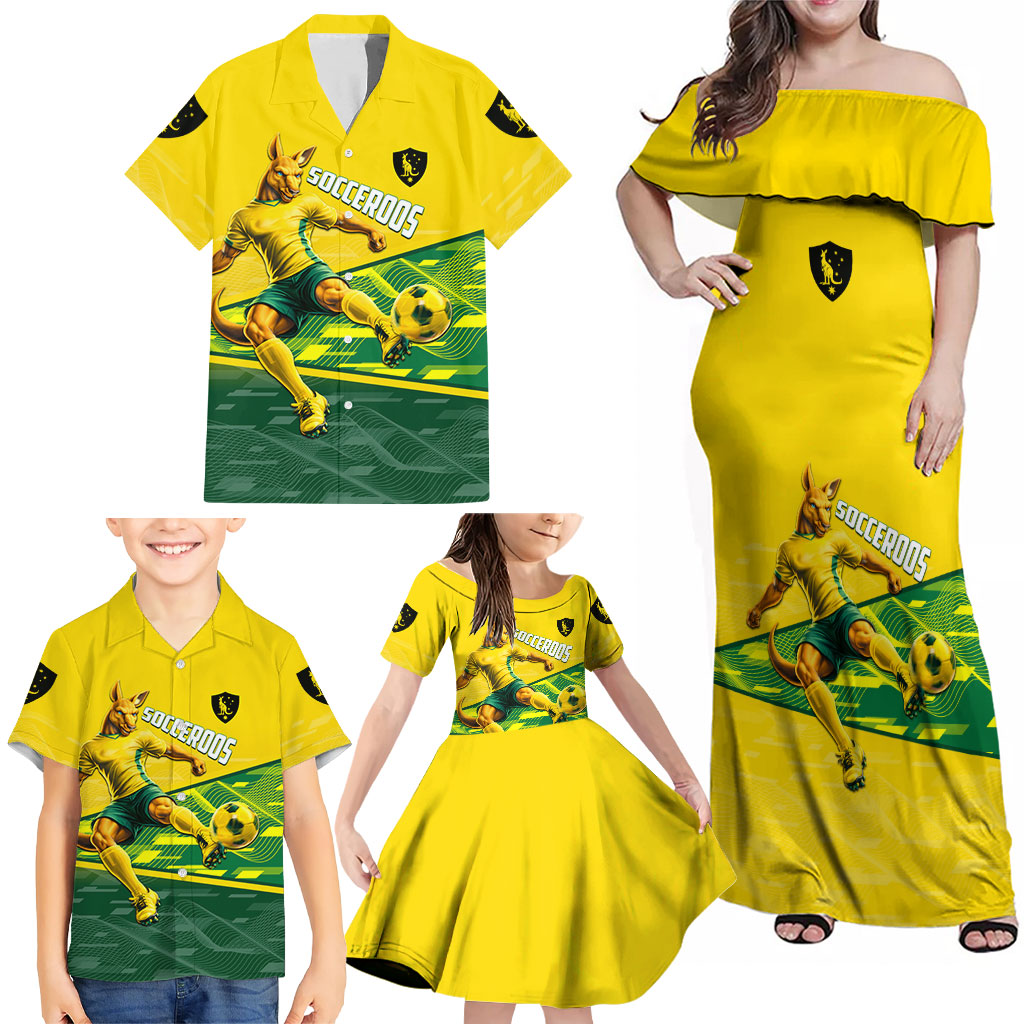 Personalized Socceroos Mascot Family Matching Off Shoulder Maxi Dress and Hawaiian Shirt Australian Football Player Dynamic Green Yellow Sports Art