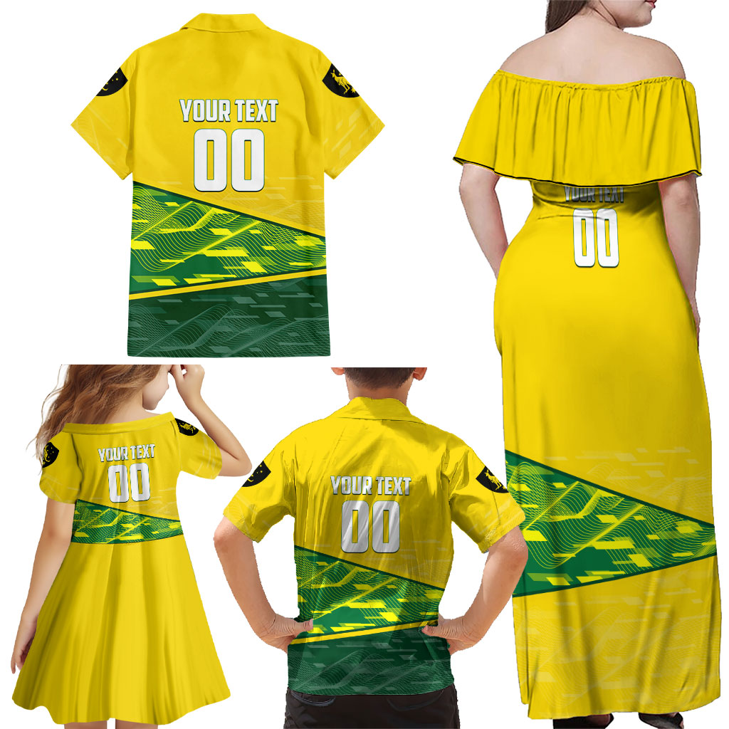 Personalized Socceroos Mascot Family Matching Off Shoulder Maxi Dress and Hawaiian Shirt Australian Football Player Dynamic Green Yellow Sports Art