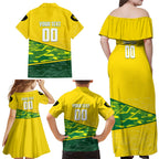 Personalized Socceroos Mascot Family Matching Off Shoulder Maxi Dress and Hawaiian Shirt Australian Football Player Dynamic Green Yellow Sports Art
