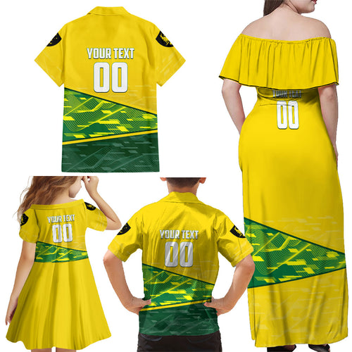 Personalized Socceroos Mascot Family Matching Off Shoulder Maxi Dress and Hawaiian Shirt Australian Football Player Dynamic Green Yellow Sports Art