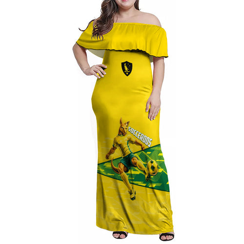 Personalized Socceroos Mascot Family Matching Off Shoulder Maxi Dress and Hawaiian Shirt Australian Football Player Dynamic Green Yellow Sports Art