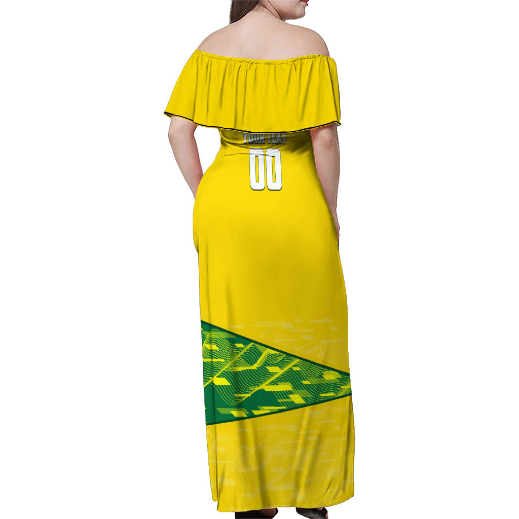 Personalized Socceroos Mascot Family Matching Off Shoulder Maxi Dress and Hawaiian Shirt Australian Football Player Dynamic Green Yellow Sports Art