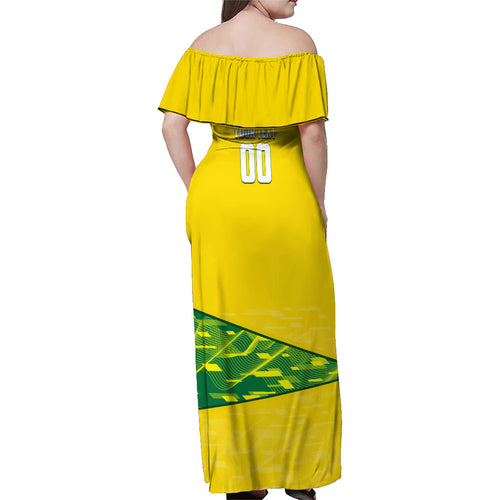 Personalized Socceroos Mascot Family Matching Off Shoulder Maxi Dress and Hawaiian Shirt Australian Football Player Dynamic Green Yellow Sports Art