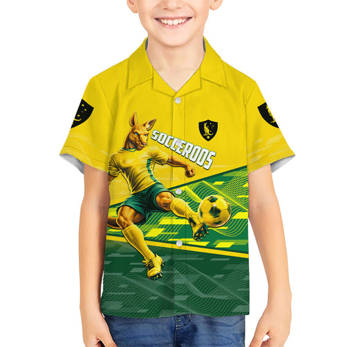 Personalized Socceroos Mascot Family Matching Off Shoulder Maxi Dress and Hawaiian Shirt Australian Football Player Dynamic Green Yellow Sports Art