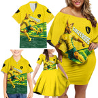 Personalized Socceroos Mascot Family Matching Off Shoulder Short Dress and Hawaiian Shirt Australian Football Player Dynamic Green Yellow Sports Art