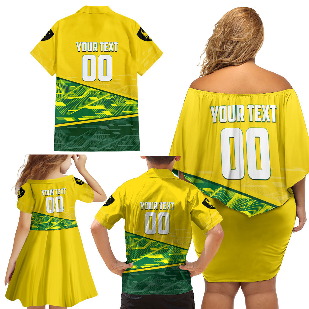 Personalized Socceroos Mascot Family Matching Off Shoulder Short Dress and Hawaiian Shirt Australian Football Player Dynamic Green Yellow Sports Art