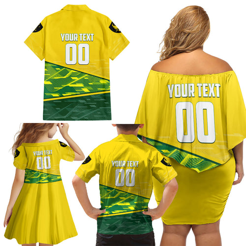 Personalized Socceroos Mascot Family Matching Off Shoulder Short Dress and Hawaiian Shirt Australian Football Player Dynamic Green Yellow Sports Art