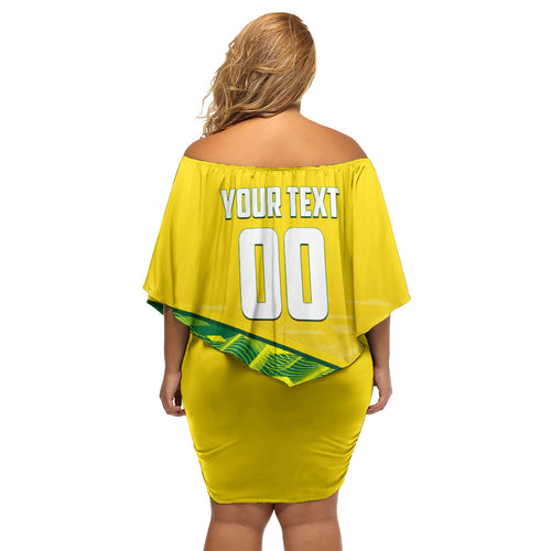 Personalized Socceroos Mascot Family Matching Off Shoulder Short Dress and Hawaiian Shirt Australian Football Player Dynamic Green Yellow Sports Art