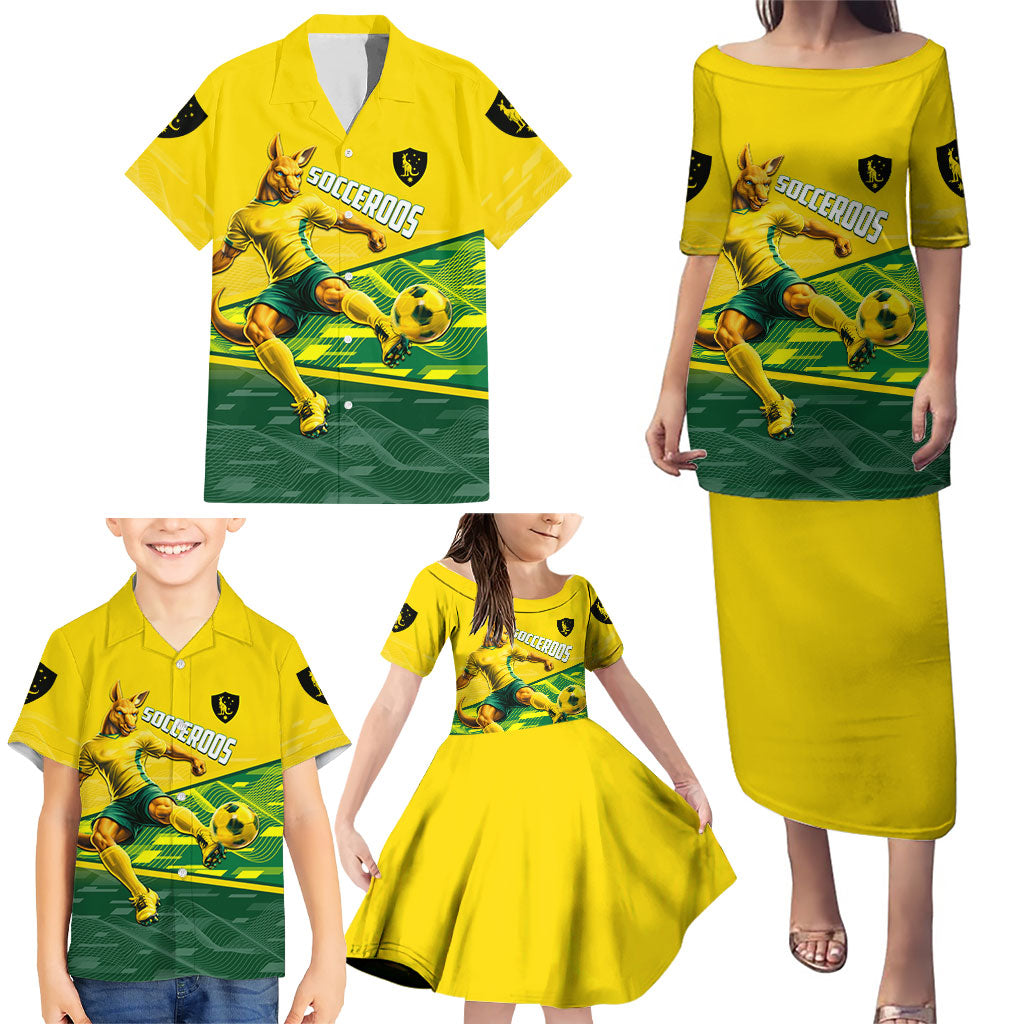 Personalized Socceroos Mascot Family Matching Puletasi and Hawaiian Shirt Australian Football Player Dynamic Green Yellow Sports Art
