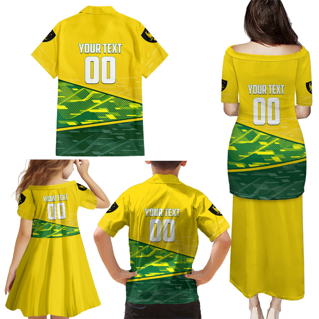 Personalized Socceroos Mascot Family Matching Puletasi and Hawaiian Shirt Australian Football Player Dynamic Green Yellow Sports Art