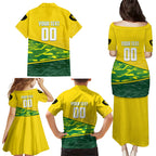 Personalized Socceroos Mascot Family Matching Puletasi and Hawaiian Shirt Australian Football Player Dynamic Green Yellow Sports Art