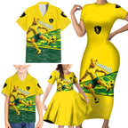 Personalized Socceroos Mascot Family Matching Short Sleeve Bodycon Dress and Hawaiian Shirt Australian Football Player Dynamic Green Yellow Sports Art