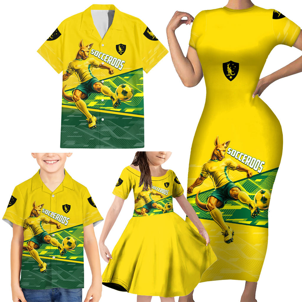 Personalized Socceroos Mascot Family Matching Short Sleeve Bodycon Dress and Hawaiian Shirt Australian Football Player Dynamic Green Yellow Sports Art