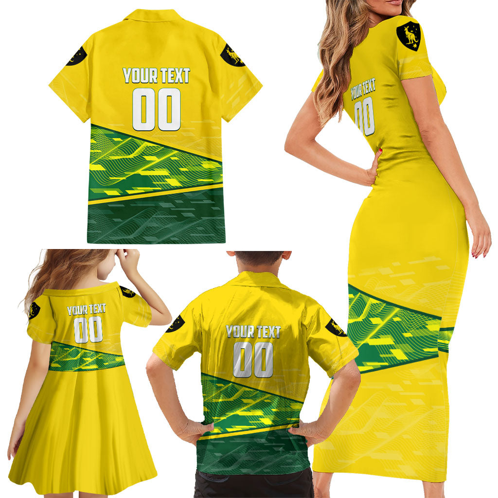 Personalized Socceroos Mascot Family Matching Short Sleeve Bodycon Dress and Hawaiian Shirt Australian Football Player Dynamic Green Yellow Sports Art
