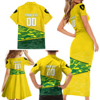 Personalized Socceroos Mascot Family Matching Short Sleeve Bodycon Dress and Hawaiian Shirt Australian Football Player Dynamic Green Yellow Sports Art