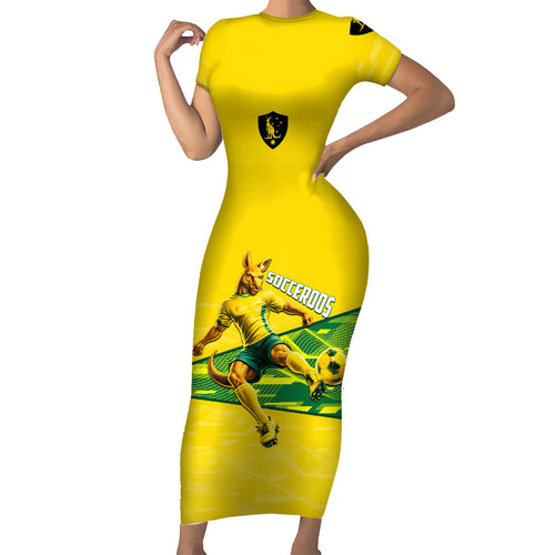 Personalized Socceroos Mascot Family Matching Short Sleeve Bodycon Dress and Hawaiian Shirt Australian Football Player Dynamic Green Yellow Sports Art