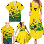 Personalized Socceroos Mascot Family Matching Summer Maxi Dress and Hawaiian Shirt Australian Football Player Dynamic Green Yellow Sports Art
