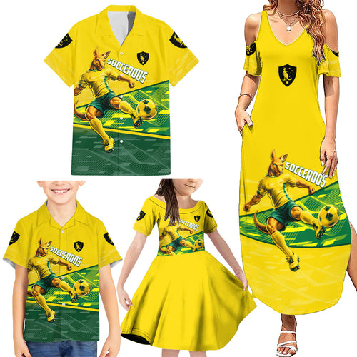 Personalized Socceroos Mascot Family Matching Summer Maxi Dress and Hawaiian Shirt Australian Football Player Dynamic Green Yellow Sports Art