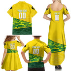 Personalized Socceroos Mascot Family Matching Summer Maxi Dress and Hawaiian Shirt Australian Football Player Dynamic Green Yellow Sports Art