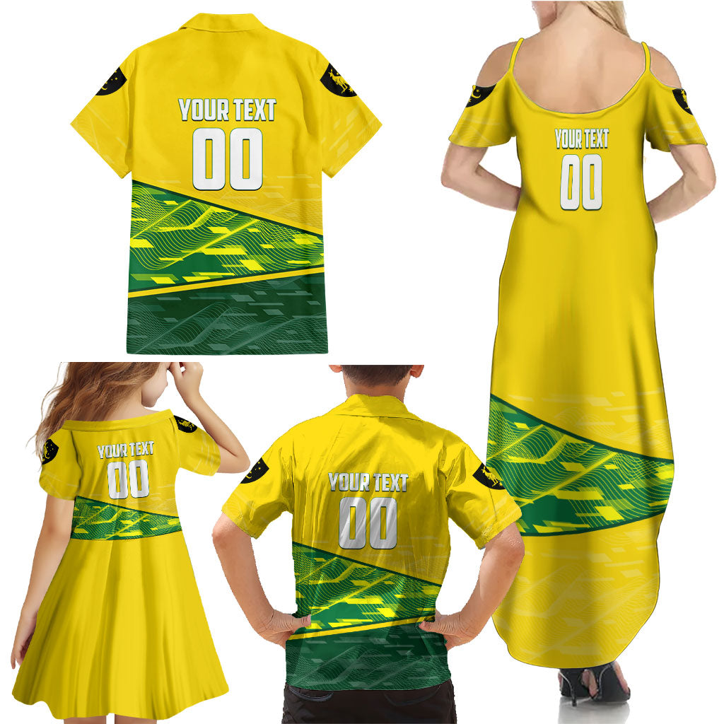 Personalized Socceroos Mascot Family Matching Summer Maxi Dress and Hawaiian Shirt Australian Football Player Dynamic Green Yellow Sports Art