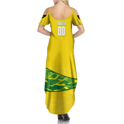 Personalized Socceroos Mascot Family Matching Summer Maxi Dress and Hawaiian Shirt Australian Football Player Dynamic Green Yellow Sports Art