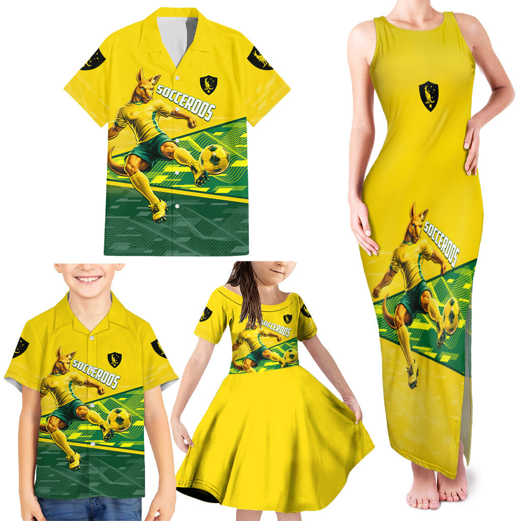 Personalized Socceroos Mascot Family Matching Tank Maxi Dress and Hawaiian Shirt Australian Football Player Dynamic Green Yellow Sports Art
