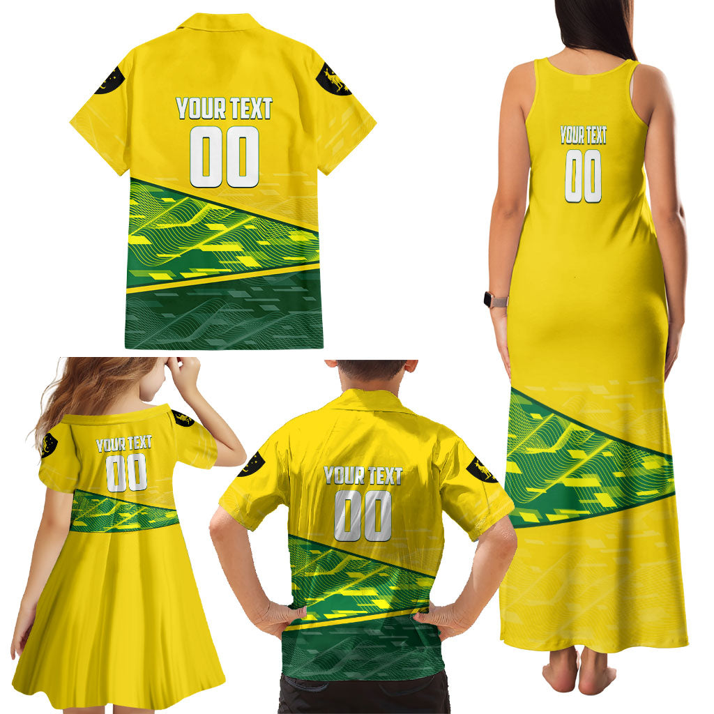 Personalized Socceroos Mascot Family Matching Tank Maxi Dress and Hawaiian Shirt Australian Football Player Dynamic Green Yellow Sports Art