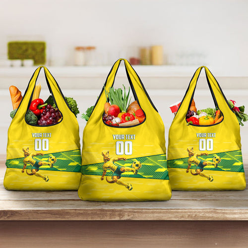 Personalized Socceroos Mascot Grocery Bag Australian Football Player Dynamic Green Yellow Sports Art
