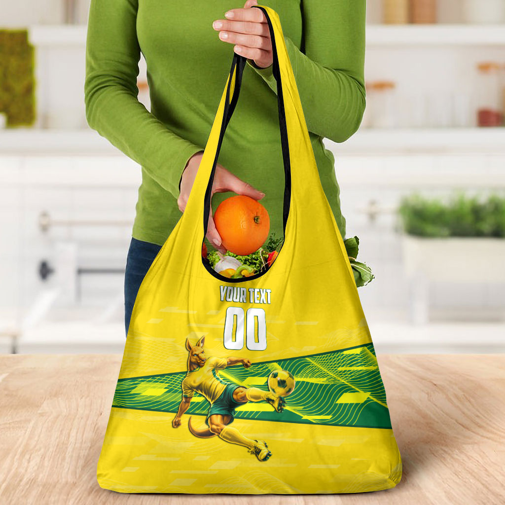 Personalized Socceroos Mascot Grocery Bag Australian Football Player Dynamic Green Yellow Sports Art