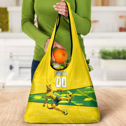 Personalized Socceroos Mascot Grocery Bag Australian Football Player Dynamic Green Yellow Sports Art