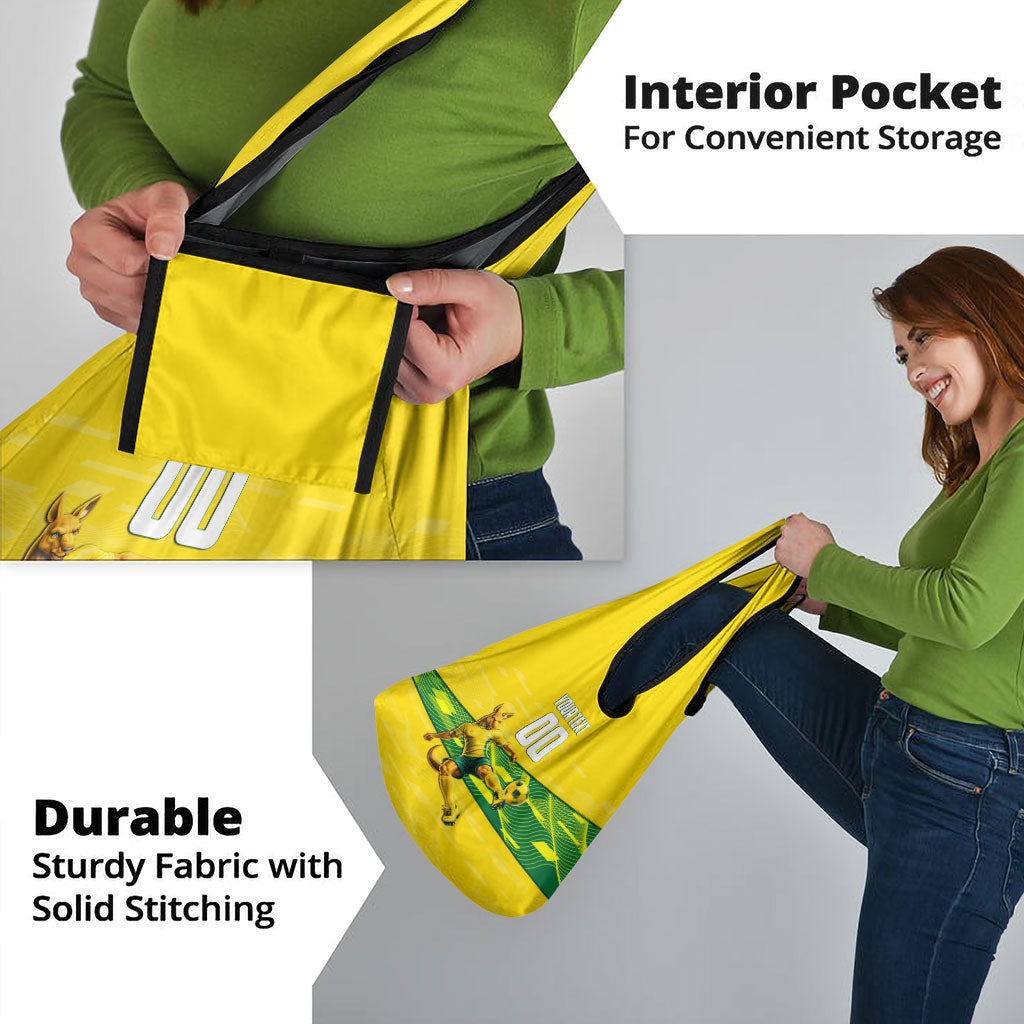 Personalized Socceroos Mascot Grocery Bag Australian Football Player Dynamic Green Yellow Sports Art