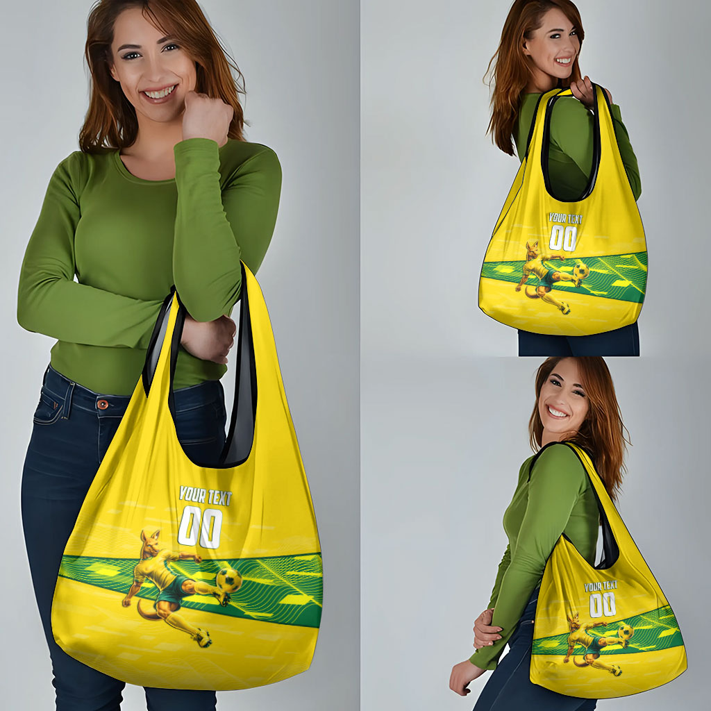 Personalized Socceroos Mascot Grocery Bag Australian Football Player Dynamic Green Yellow Sports Art