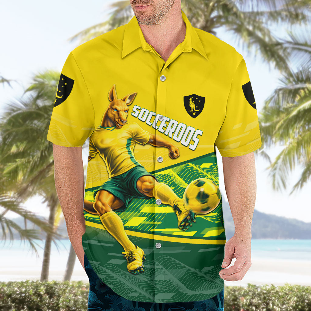 Personalized Socceroos Mascot Hawaiian Shirt Australian Football Player Dynamic Green Yellow Sports Art