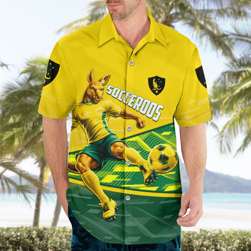 Personalized Socceroos Mascot Hawaiian Shirt Australian Football Player Dynamic Green Yellow Sports Art