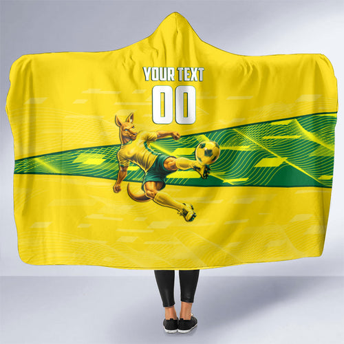 Personalized Socceroos Mascot Hooded Blanket Australian Football Player Dynamic Green Yellow Sports Art