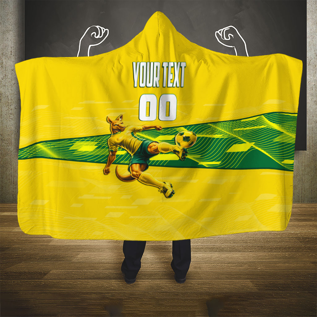 Personalized Socceroos Mascot Hooded Blanket Australian Football Player Dynamic Green Yellow Sports Art
