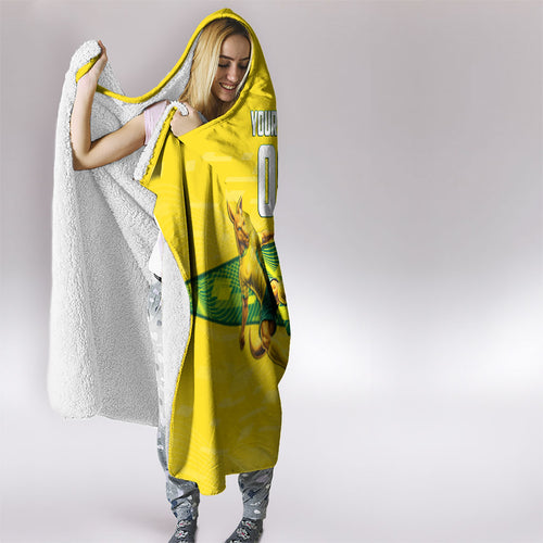 Personalized Socceroos Mascot Hooded Blanket Australian Football Player Dynamic Green Yellow Sports Art