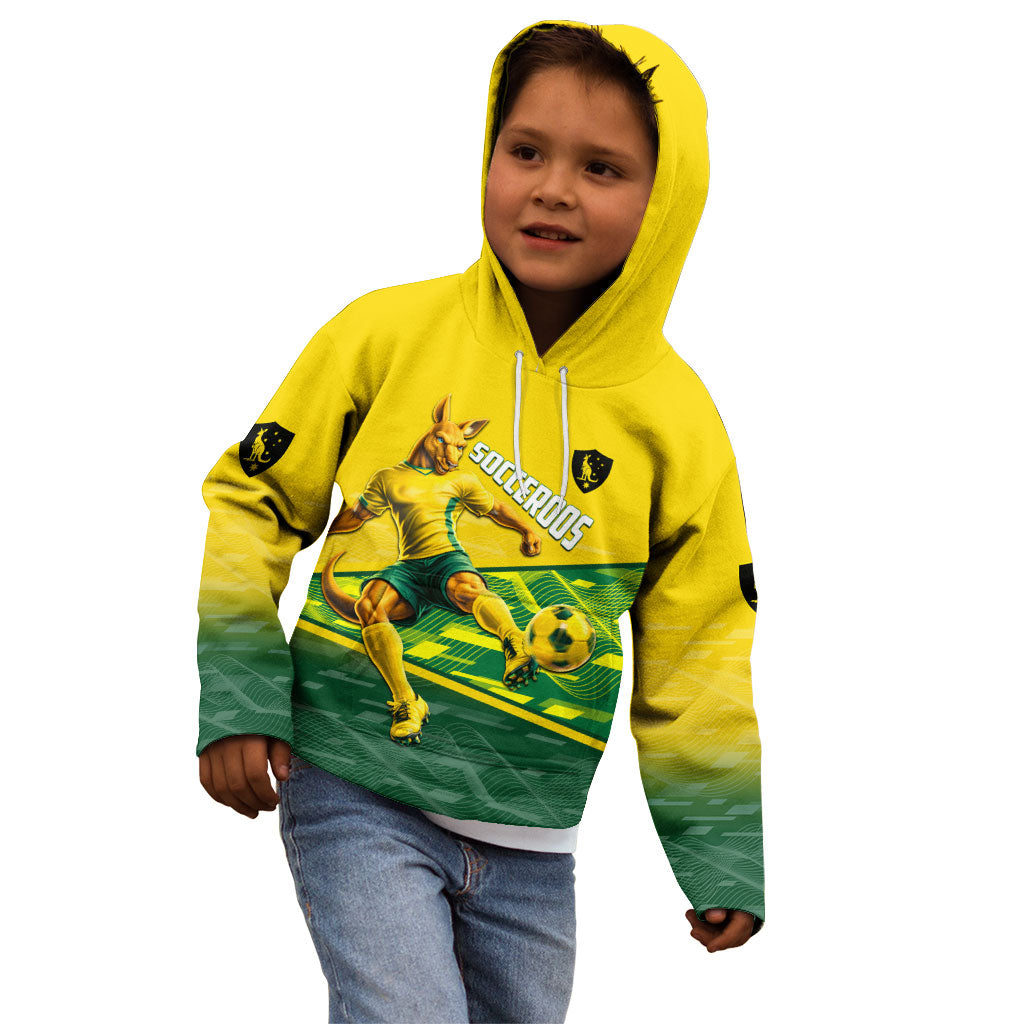 Personalized Socceroos Mascot Kid Hoodie Australian Football Player Dynamic Green Yellow Sports Art