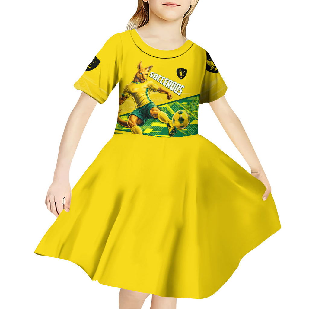 Personalized Socceroos Mascot Kid Short Sleeve Dress Australian Football Player Dynamic Green Yellow Sports Art