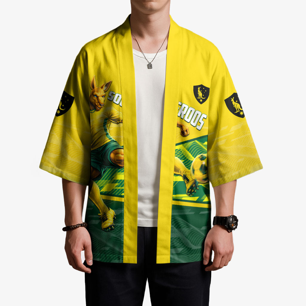 Personalized Socceroos Mascot Kimono Australian Football Player Dynamic Green Yellow Sports Art