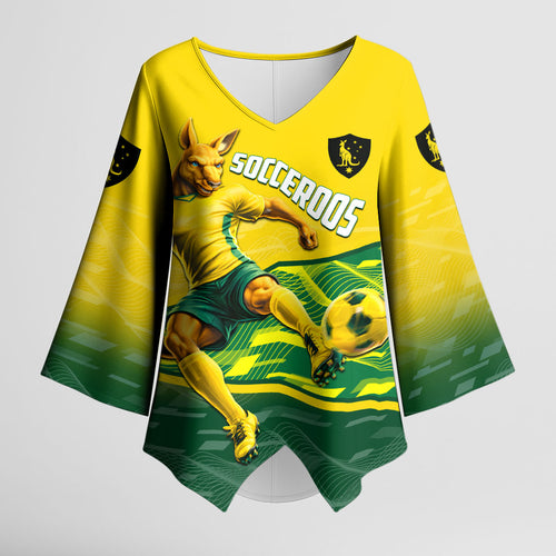 Personalized Socceroos Mascot Kimono Sleeve Blouse Australian Football Player Dynamic Green Yellow Sports Art