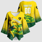 Personalized Socceroos Mascot Kimono Sleeve Blouse Australian Football Player Dynamic Green Yellow Sports Art